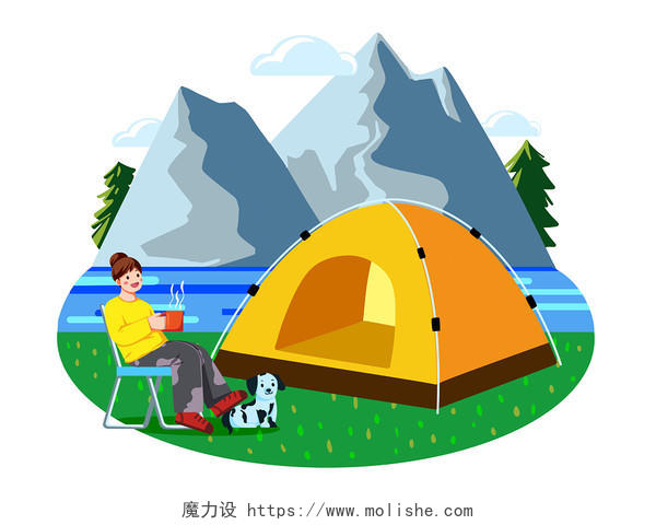 手绘户外露营野餐帐篷人物风景元素